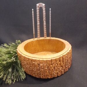 Faux Tree Bark Nut Bowl Dish w/Metal Nut Cracker & 2 Picks